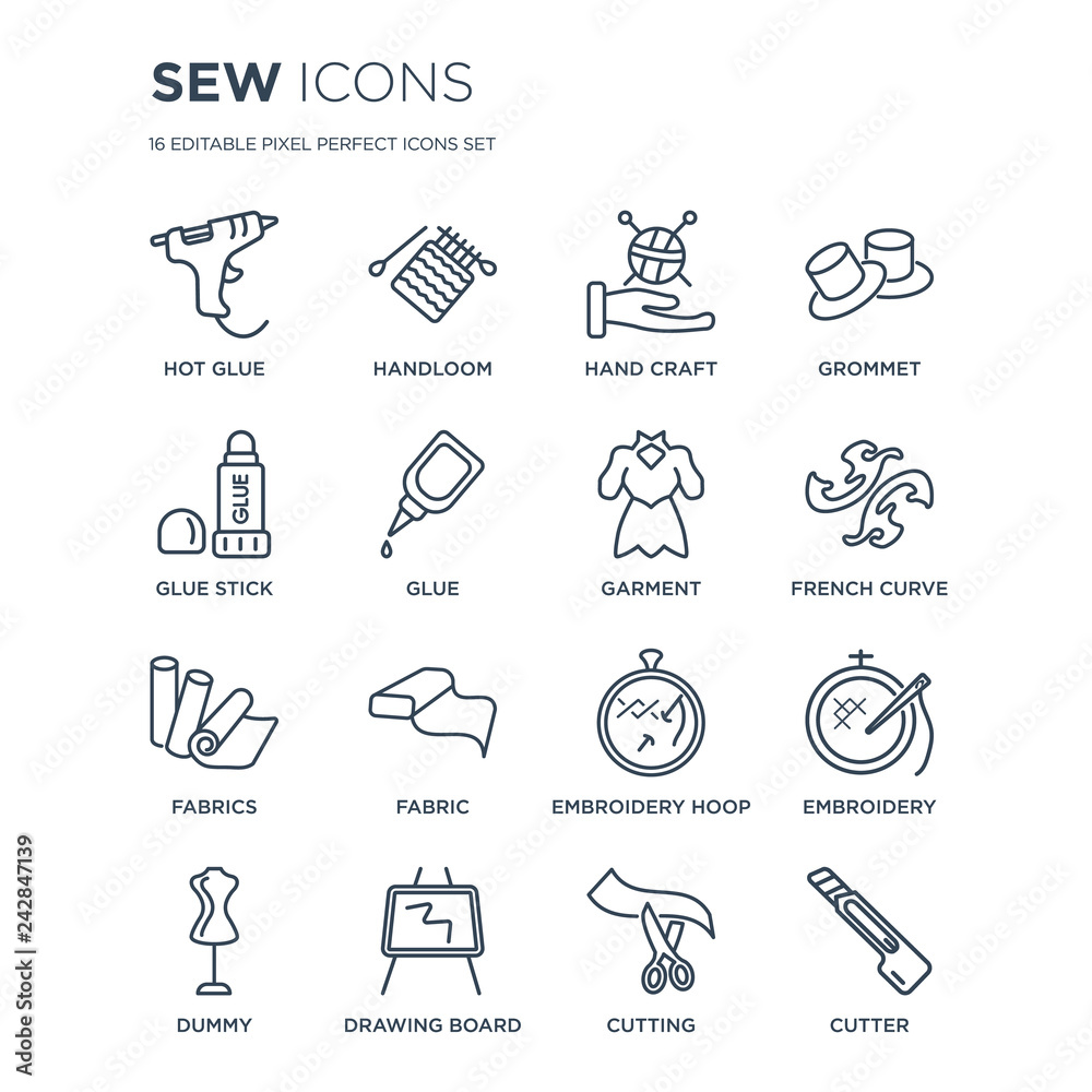 Fototapeta premium 16 linear Sew icons such as Hot glue, handloom, Drawing board, Dummy, Embroidery, Cutter, Glue stick, Fabrics, garment modern with thin stroke, vector illustration, eps10, trendy line icon set.