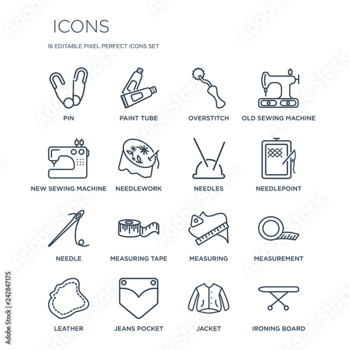 16 linear  icons such as Pin, Paint tube, Jeans pocket, Leather, Measurement, Ironing Board, New Sewing Machine modern with thin stroke, vector illustration, eps10, trendy line icon set.