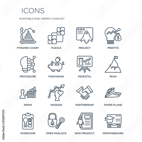 16 linear  icons such as Pyramid chart, Puzzle, Open padlock, Overcome, Paper plane, Mortarboard, Procedure modern with thin stroke, vector illustration, eps10, trendy line icon set.