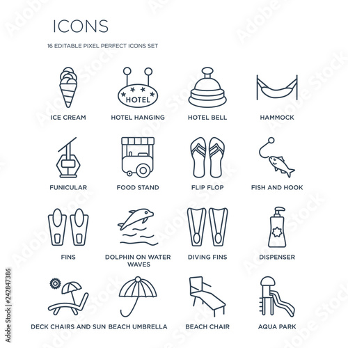 16 linear  icons such as Ice cream, Hotel hanging, Beach umbrella, Deck chairs and sun, Dispenser, Aqua park, Funicular modern with thin stroke, vector illustration, eps10, trendy line icon set.