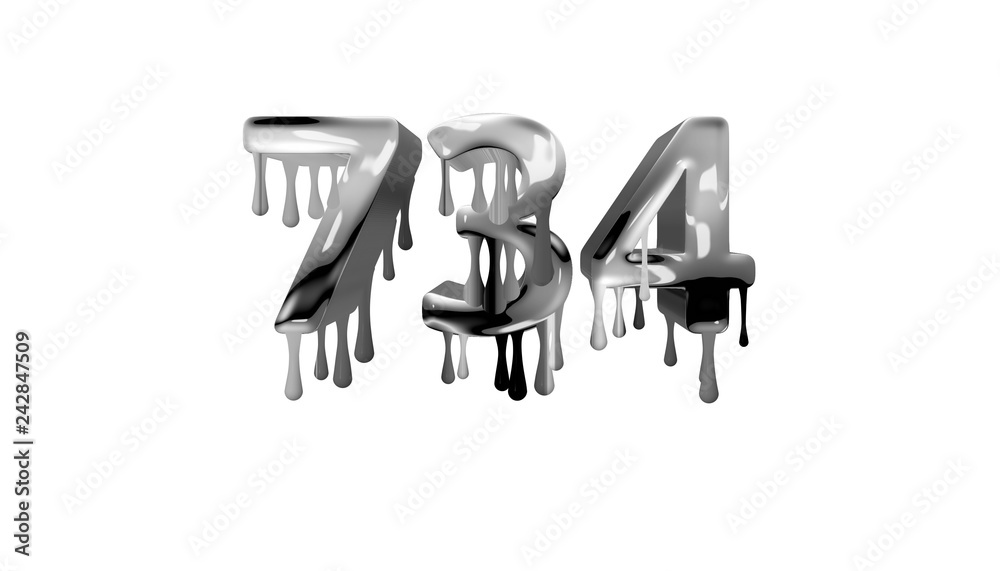 silver dripping number 734 with white background silver dripping number 734 with white background