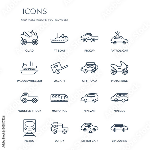16 linear  icons such as Quad, PT boat, Lorry, Metro, Minibus, Limousine, paddlewheeler, Monster truck, Off road modern with thin stroke, vector illustration, eps10, trendy line icon set.