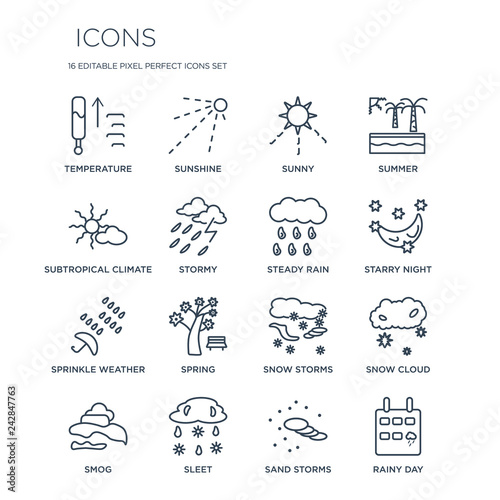 16 linear  icons such as Temperature, Sunshine, Sleet, Smog, Snow Cloud, Rainy Day, subtropical climate modern with thin stroke, vector illustration, eps10, trendy line icon set.