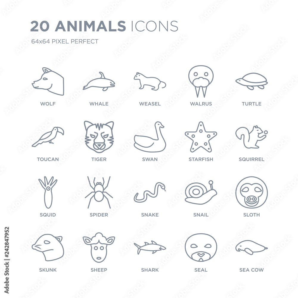 Collection of 20 animals linear icons such as Wolf, Whale, Shark, Sheep ...