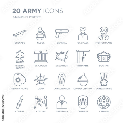 Collection of 20 Army linear icons such as Grenade, , chevrons, civilian, combat, fighter plane, Dynamite, conscription line icons with thin line stroke, vector illustration of trendy icon set.