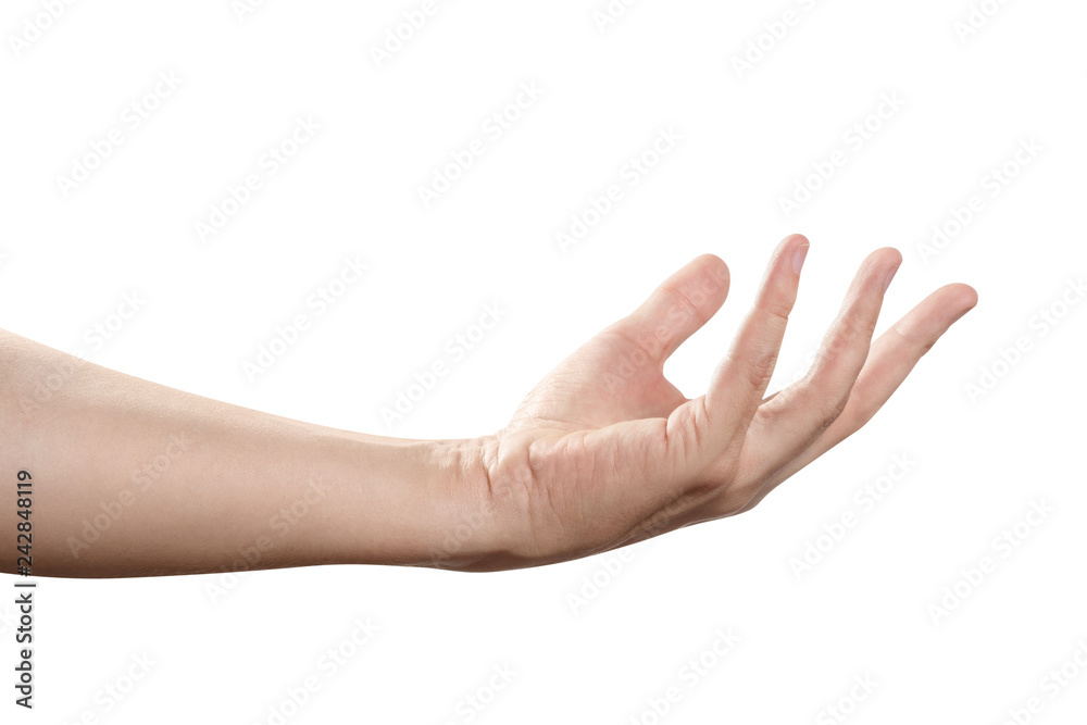 Palm up hand gesture, asking, holding or taking something, isolated on white background