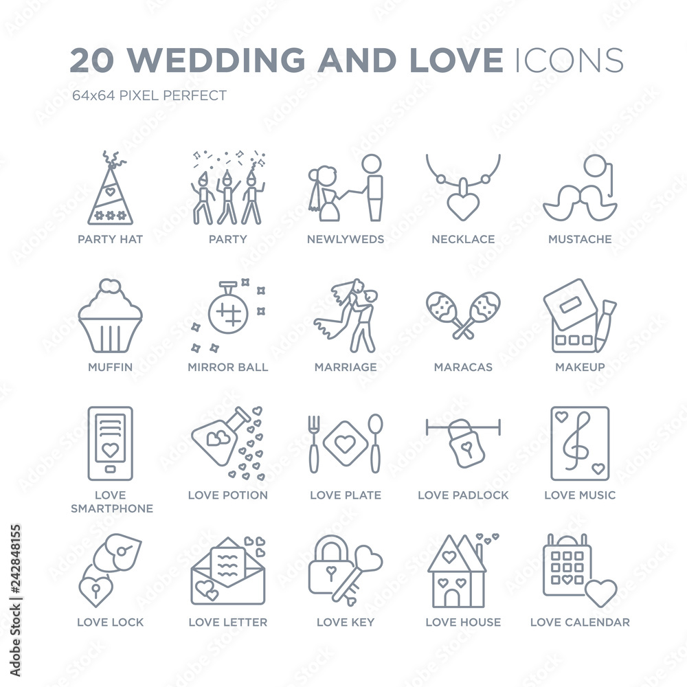 Collection of 20 Wedding and love linear icons such as Party hat, Party, Key, Love letter, Lock, Mustache, Maracas line icons with thin line stroke, vector illustration of trendy icon set. Collection of 20 Wedding and love linear icons such as Party hat, Party, Key, Love letter, Lock, Mustache, Maracas line icons with thin line stroke, vector illustration of trendy icon set.