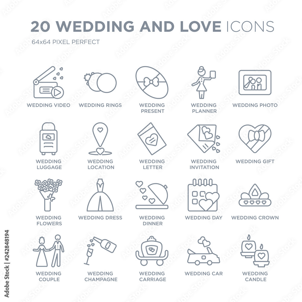 Collection of 20 Wedding and love linear icons such as video, Rings, wedding Carriage, Champagne line icons with thin line stroke, vector illustration of trendy icon set.