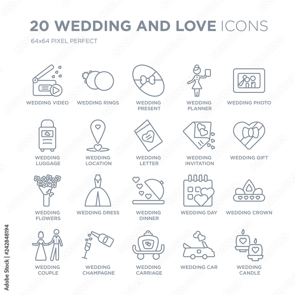 Collection of 20 Wedding and love linear icons such as video, Rings, wedding Carriage, Champagne line icons with thin line stroke, vector illustration of trendy icon set. Collection of 20 Wedding and love linear icons such as video, Rings, wedding Carriage, Champagne line icons with thin line stroke, vector illustration of trendy icon set.