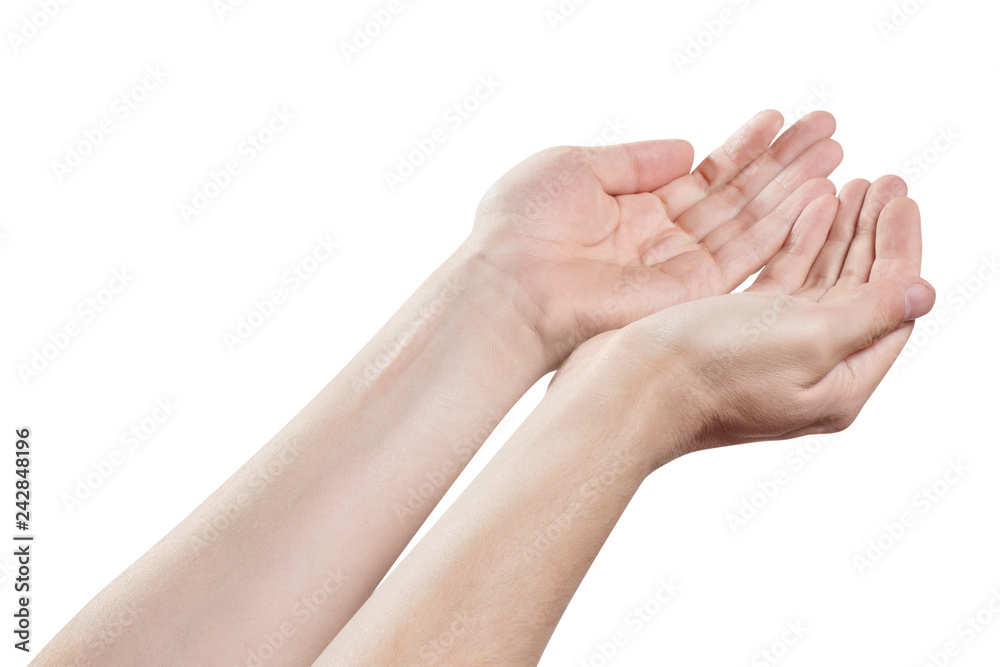 Outstretched open hands begging for help, isolated on white background Outstretched open hands begging for help, isolated on white background