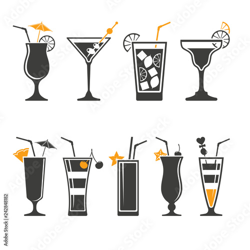 Vector illustration set of different alcoholic cocktails isolated on white background.