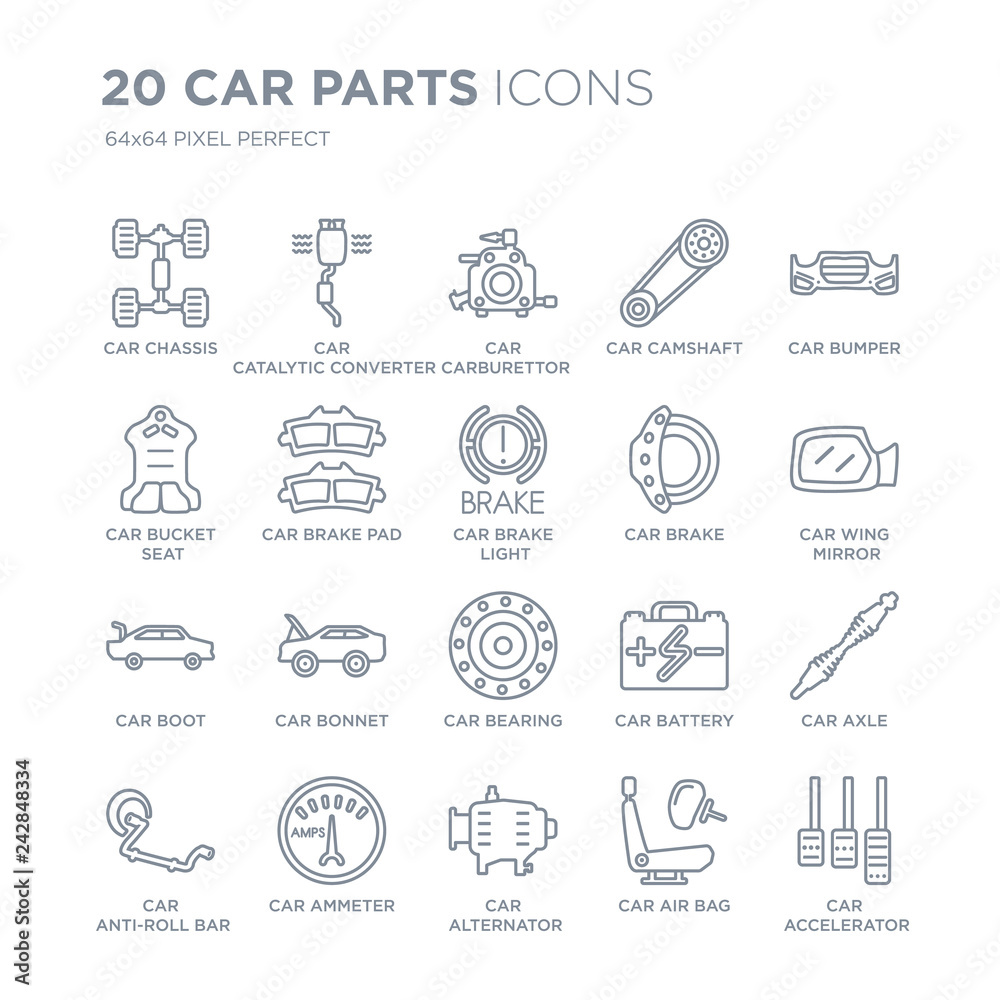 Collection of 20 Car parts linear icons such as car chassis, catalytic converter, alternator, ammeter line icons with thin line stroke, vector illustration of trendy icon set. Collection of 20 Car parts linear icons such as car chassis, catalytic converter, alternator, ammeter line icons with thin line stroke, vector illustration of trendy icon set.