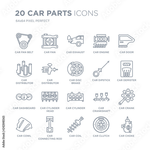 Collection of 20 Car parts linear icons such as car fan belt, fan, coil, connecting rod, cowl, door line icons with thin line stroke, vector illustration of trendy icon set.