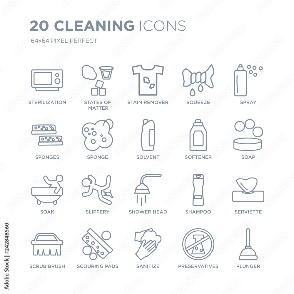 Collection of 20 Cleaning linear icons such as sterilization, States Matter, sanitize, scouring pads, scrub brush, Spray line icons with thin line stroke, vector illustration of trendy icon set. Collection of 20 Cleaning linear icons such as sterilization, States Matter, sanitize, scouring pads, scrub brush, Spray line icons with thin line stroke, vector illustration of trendy icon set.