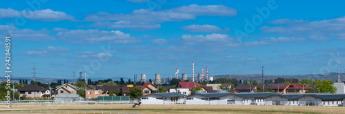 Fényképezés Ploiesti, Romania - October 07, 2018: Panoramic cityscape of Ploiesti showing the horse stable at the local Hippodrome in Prahova, Romania