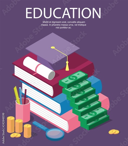 Vector invest in education isometric concept in flat style - stack of coins and book with university hat - Vector
