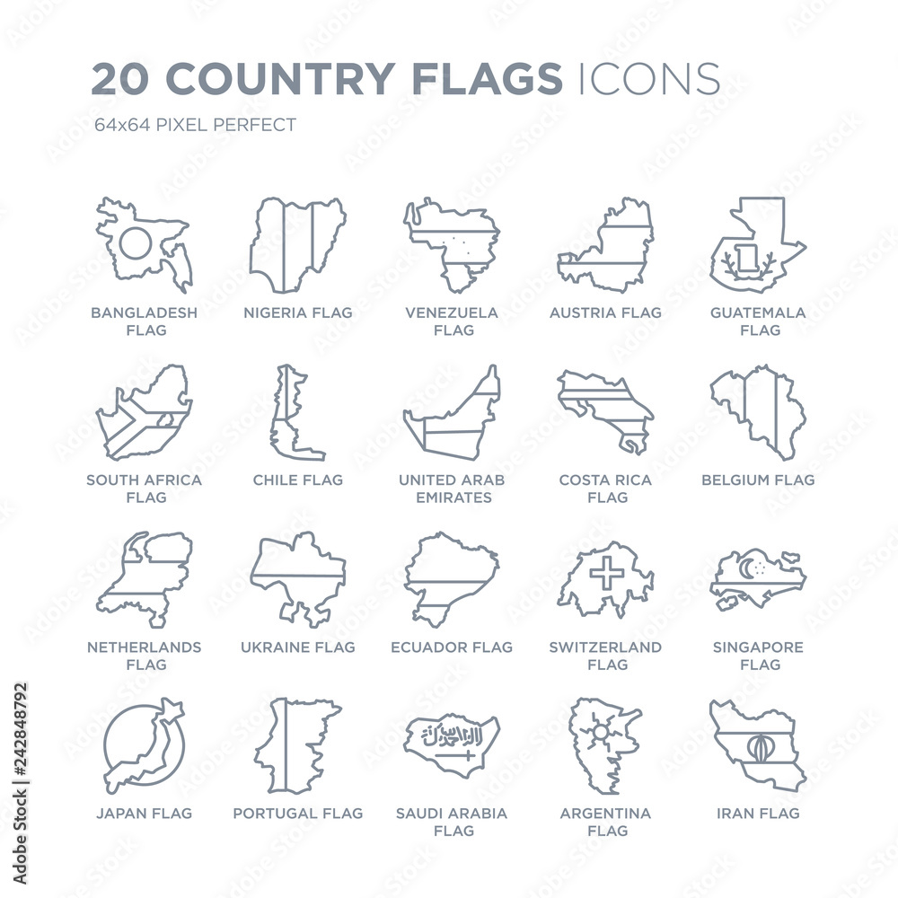 Collection of 20 Country Flags linear icons such as Bangladesh flag, Nigeria Saudi Arabia Portugal flag line icons with thin line stroke, vector illustration of trendy icon set.