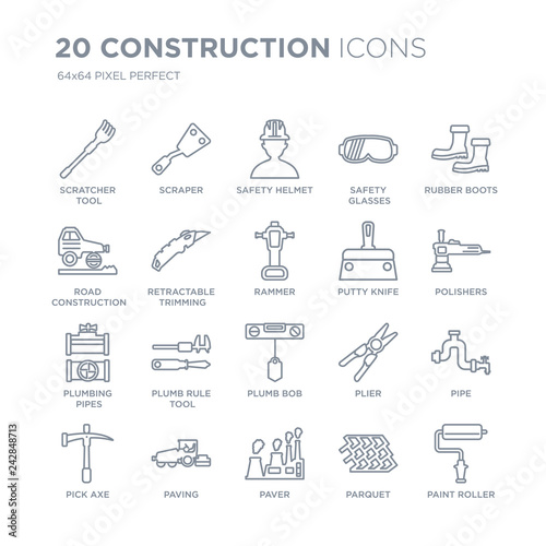 Collection of 20 Construction linear icons such as Scratcher tool, Scraper, Paver, Paving, Pick axe, Rubber Boots, Putty knife line icons with thin line stroke, vector illustration of trendy icon set.