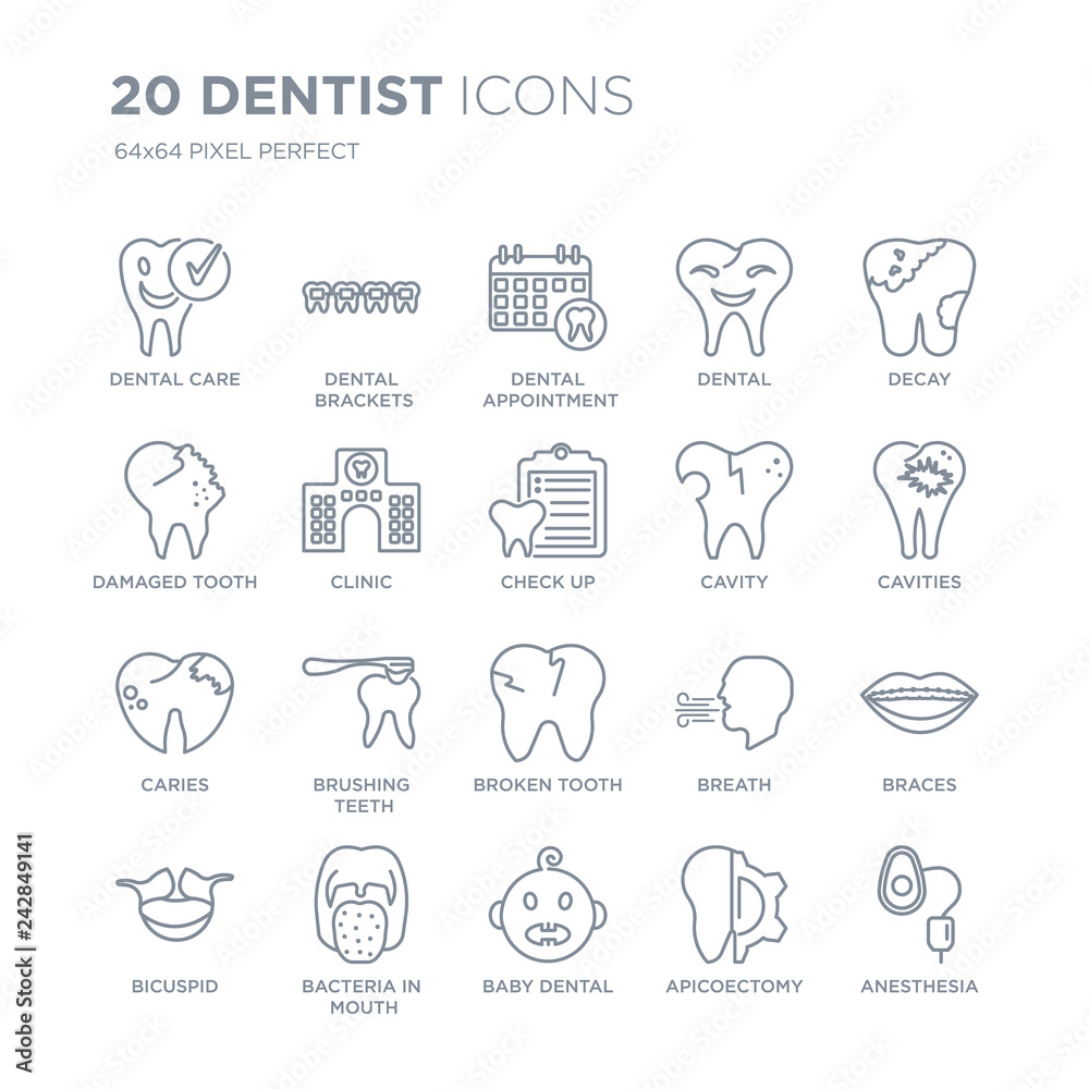 Collection of 20 Dentist linear icons such as Dental care, Brackets, Baby dental, Bacteria in mouth, Bicuspid, Decay line icons with thin line stroke, vector illustration of trendy icon set.
