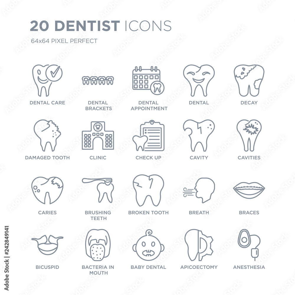 Collection of 20 Dentist linear icons such as Dental care, Brackets, Baby dental, Bacteria in mouth, Bicuspid, Decay line icons with thin line stroke, vector illustration of trendy icon set. Collection of 20 Dentist linear icons such as Dental care, Brackets, Baby dental, Bacteria in mouth, Bicuspid, Decay line icons with thin line stroke, vector illustration of trendy icon set.