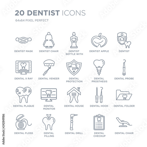 Collection of 20 Dentist linear icons such as mask, chair, Dental drill, filling, floss, dentist line icons with thin line stroke, vector illustration of trendy icon set.