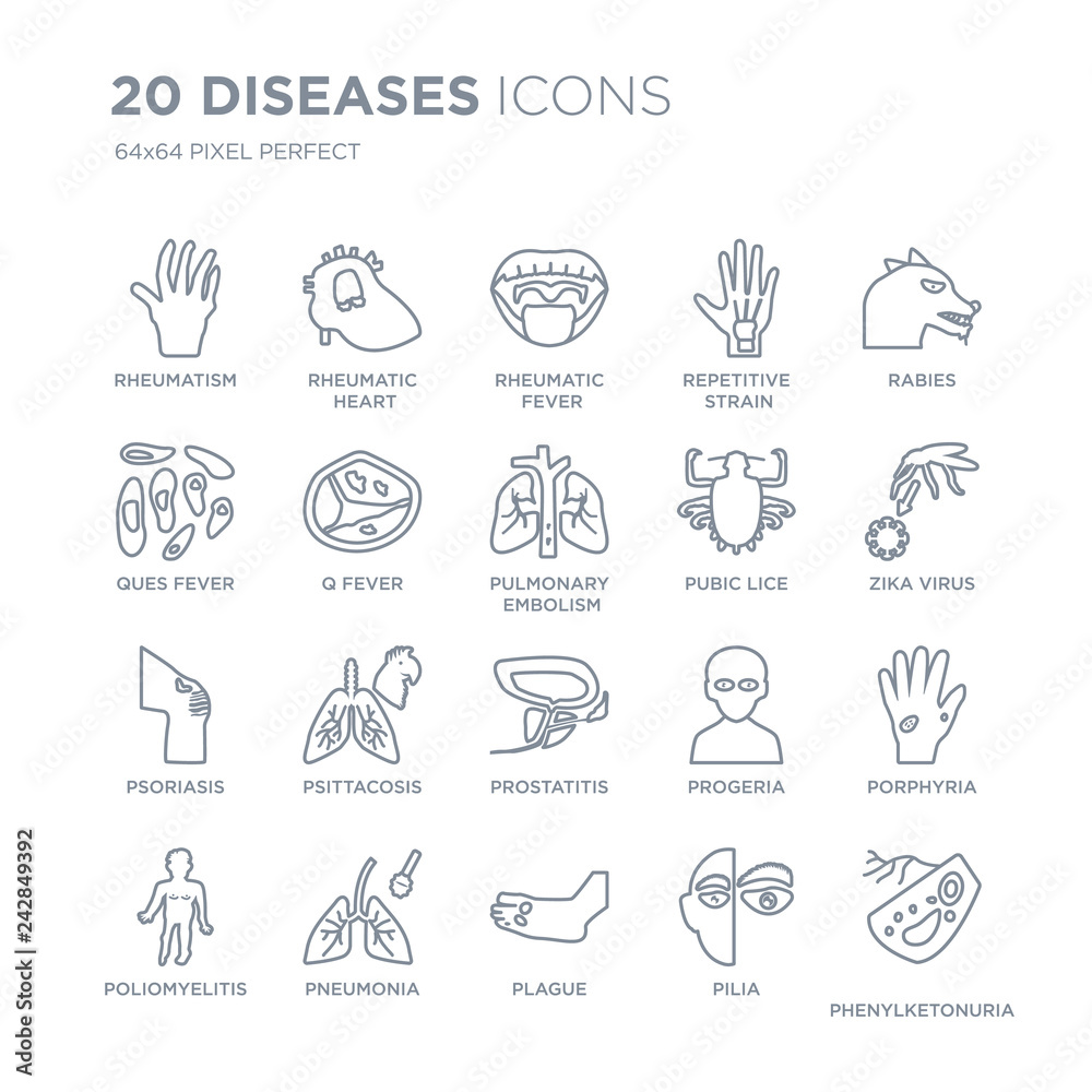 Collection of 20 Diseases linear icons such as Rheumatism, Rheumatic heart, Plague, pneumonia, Poliomyelitis, Rabies line icons with thin line stroke, vector illustration of trendy icon set. Collection of 20 Diseases linear icons such as Rheumatism, Rheumatic heart, Plague, pneumonia, Poliomyelitis, Rabies line icons with thin line stroke, vector illustration of trendy icon set.