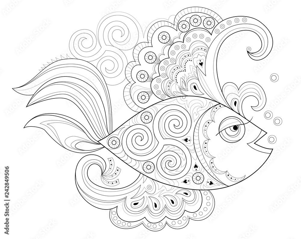 Black and white page for coloring book. Fantasy drawing of beautiful ...
