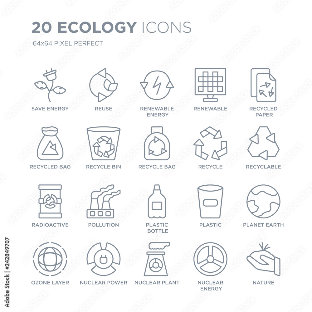 Collection of 20 Ecology linear icons such as Save energy, Reuse, Nuclear plant, power, Ozone layer, Recycled Paper line icons with thin line stroke, vector illustration of trendy icon set. Collection of 20 Ecology linear icons such as Save energy, Reuse, Nuclear plant, power, Ozone layer, Recycled Paper line icons with thin line stroke, vector illustration of trendy icon set.