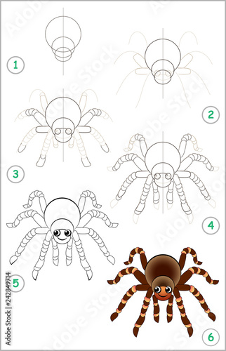 Educational page for kids shows how to learn step by step to draw a cute spider. Back to school. Developing children skills for drawing and coloring. Vector cartoon image.