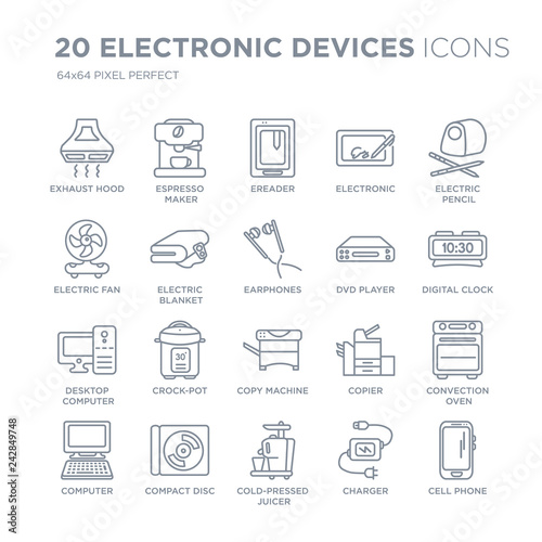 Collection of 20 Electronic devices linear icons such as Exhaust hood, espresso maker, Cold-pressed juicer, Compact disc line icons with thin line stroke, vector illustration of trendy icon set.