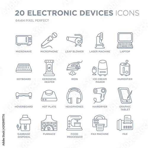 Collection of 20 Electronic devices linear icons such as Microwave, Microphone, food processor, furnace, garbage disposal line icons with thin line stroke, vector illustration of trendy icon set.