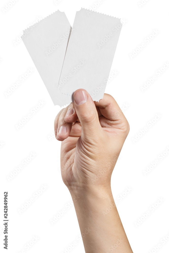 Hand holding two tickets, flyers, invitations, coupons, etc.), isolated on white background Hand holding two tickets, flyers, invitations, coupons, etc.), isolated on white background