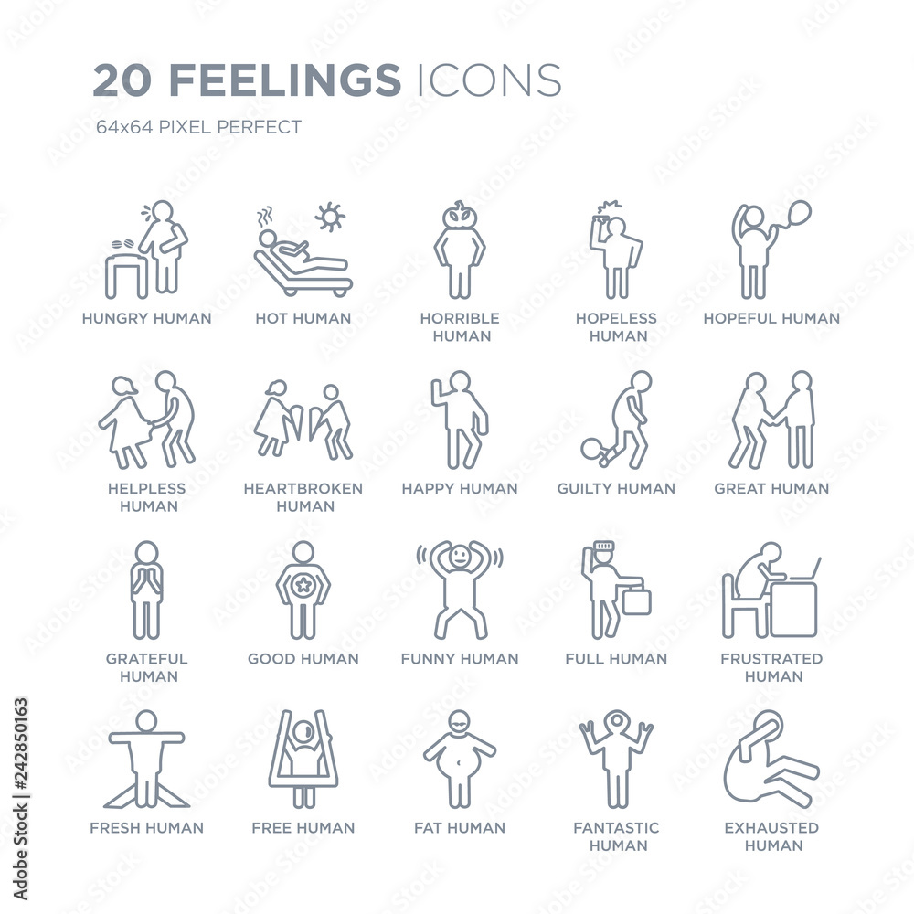 Collection of 20 Feelings linear icons such as hungry human, hot fat free fresh hopeful human line icons with thin line stroke, vector illustration of trendy icon set.