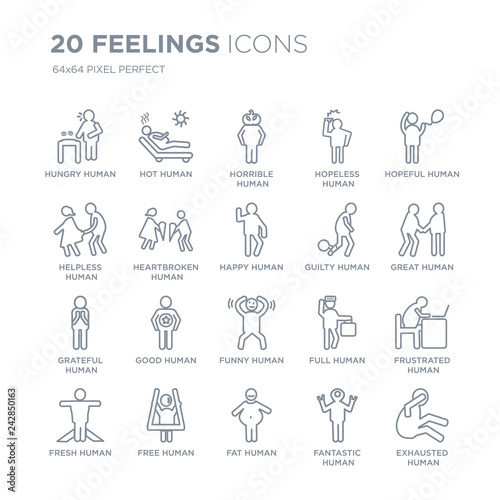 Collection of 20 Feelings linear icons such as hungry human, hot fat free fresh hopeful human line icons with thin line stroke, vector illustration of trendy icon set.