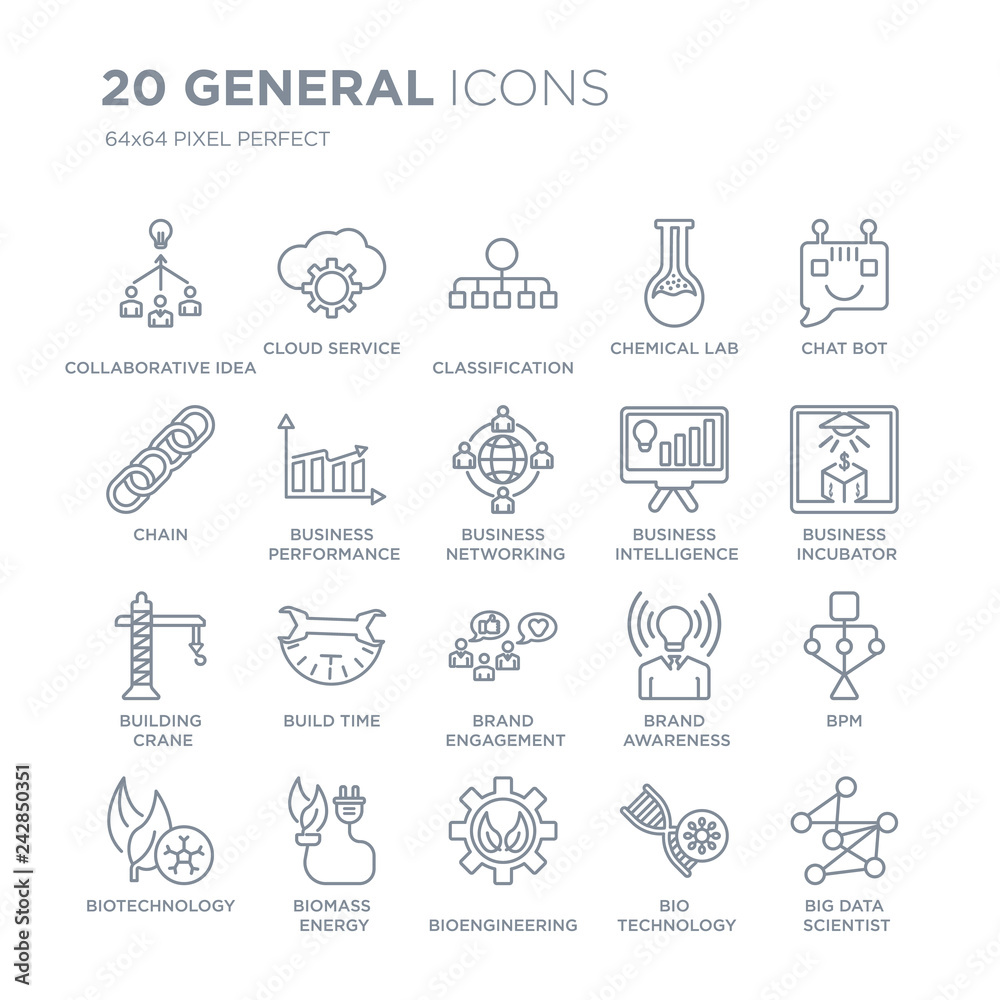 Collection of 20 general linear icons such as collaborative idea, cloud service, bioengineering, biomass energy, biotechnology line icons with thin line stroke, vector illustration of trendy icon set. Collection of 20 general linear icons such as collaborative idea, cloud service, bioengineering, biomass energy, biotechnology line icons with thin line stroke, vector illustration of trendy icon set.