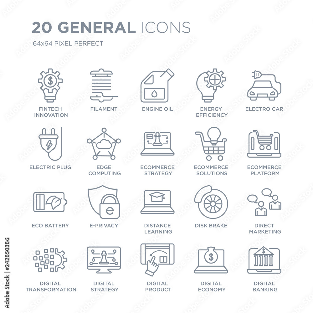 Collection of 20 general linear icons such as fintech innovation, filament, digital product, strategy line icons with thin line stroke, vector illustration of trendy icon set.