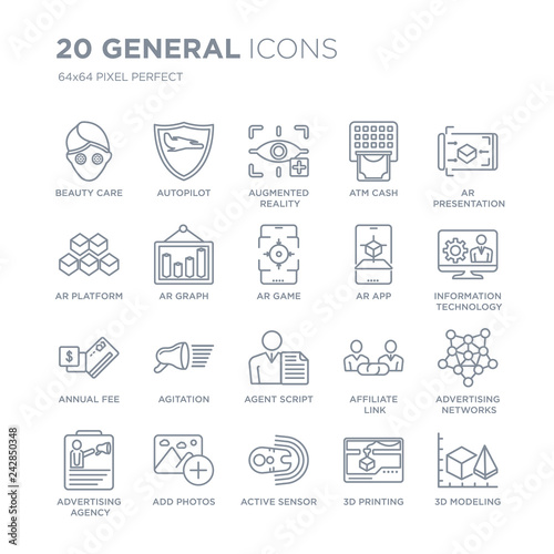 Collection of 20 general linear icons such as beauty care, autopilot, active sensor, add photos, advertising agency line icons with thin line stroke, vector illustration of trendy icon set.