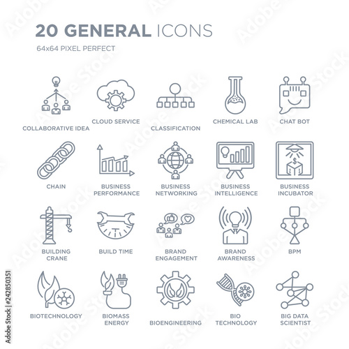 Collection of 20 general linear icons such as collaborative idea, cloud service, bioengineering, biomass energy, biotechnology line icons with thin line stroke, vector illustration of trendy icon set.