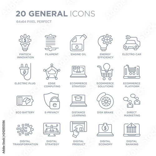 Collection of 20 general linear icons such as fintech innovation, filament, digital product, strategy line icons with thin line stroke, vector illustration of trendy icon set.