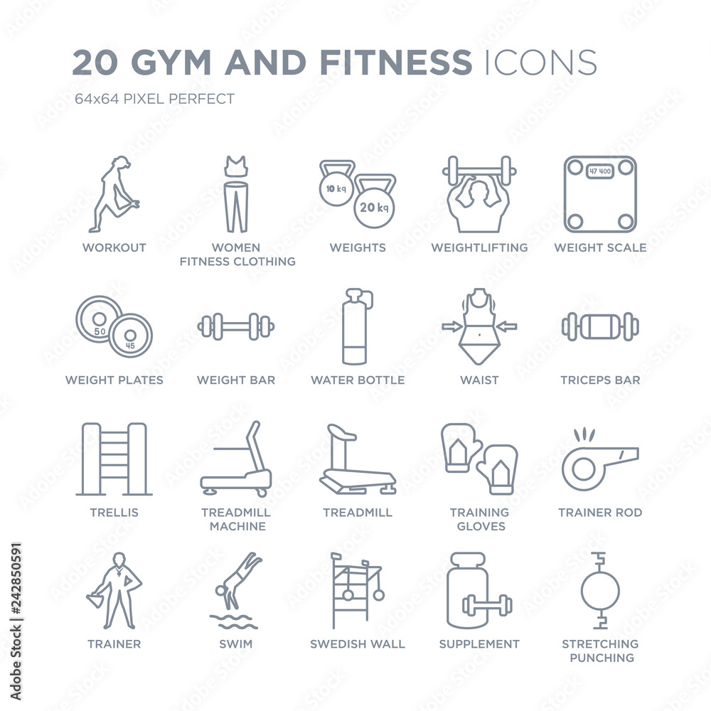 Collection of 20 Gym and fitness linear icons such as Workout, Women Fitness Clothing, Swedish Wall, Swim, Trainer line icons with thin line stroke, vector illustration of trendy icon set. Collection of 20 Gym and fitness linear icons such as Workout, Women Fitness Clothing, Swedish Wall, Swim, Trainer line icons with thin line stroke, vector illustration of trendy icon set.