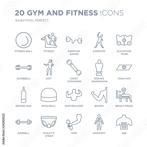 Collection of 20 Gym and fitness linear icons such as Fitness Ball, Fitness, Arm, Athletic Strap, Barbell, Elevation mask line icons with thin line stroke, vector illustration of trendy icon set.
