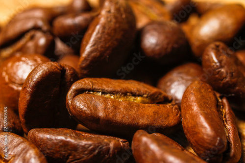 Extreme macro photography of fresh roasted coffee beans