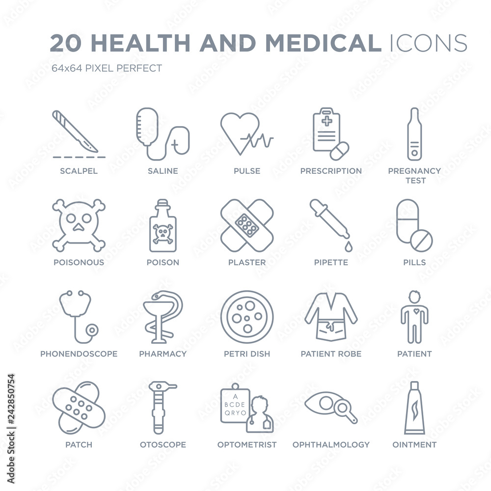 Collection of 20 Health and Medical linear icons such as Scalpel, Saline, Optometrist, Otoscope, Patch, Pregnancy test line icons with thin line stroke, vector illustration of trendy icon set. Collection of 20 Health and Medical linear icons such as Scalpel, Saline, Optometrist, Otoscope, Patch, Pregnancy test line icons with thin line stroke, vector illustration of trendy icon set.