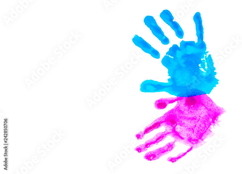 Colorful child's handprints isolated on white with copy space. World autism awareness day concept.