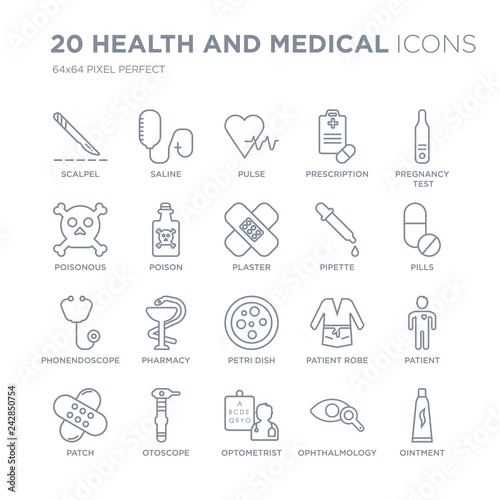 Collection of 20 Health and Medical linear icons such as Scalpel, Saline, Optometrist, Otoscope, Patch, Pregnancy test line icons with thin line stroke, vector illustration of trendy icon set.