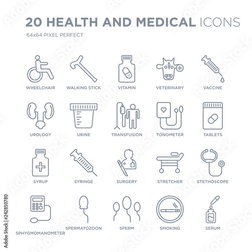 Collection of 20 Health and Medical linear icons such as Wheelchair, Walking stick, Sperm, Spermatozoon, Sphygmomanometer line icons with thin line stroke, vector illustration of trendy icon set.