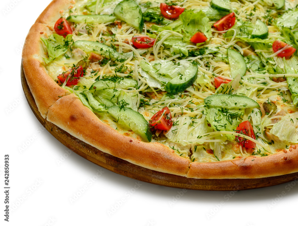 Pizza close-up, on a white background, shallow depth of field Pizza close-up, on a white background, shallow depth of field