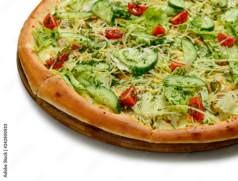 Pizza close-up, on a white background, shallow depth of field