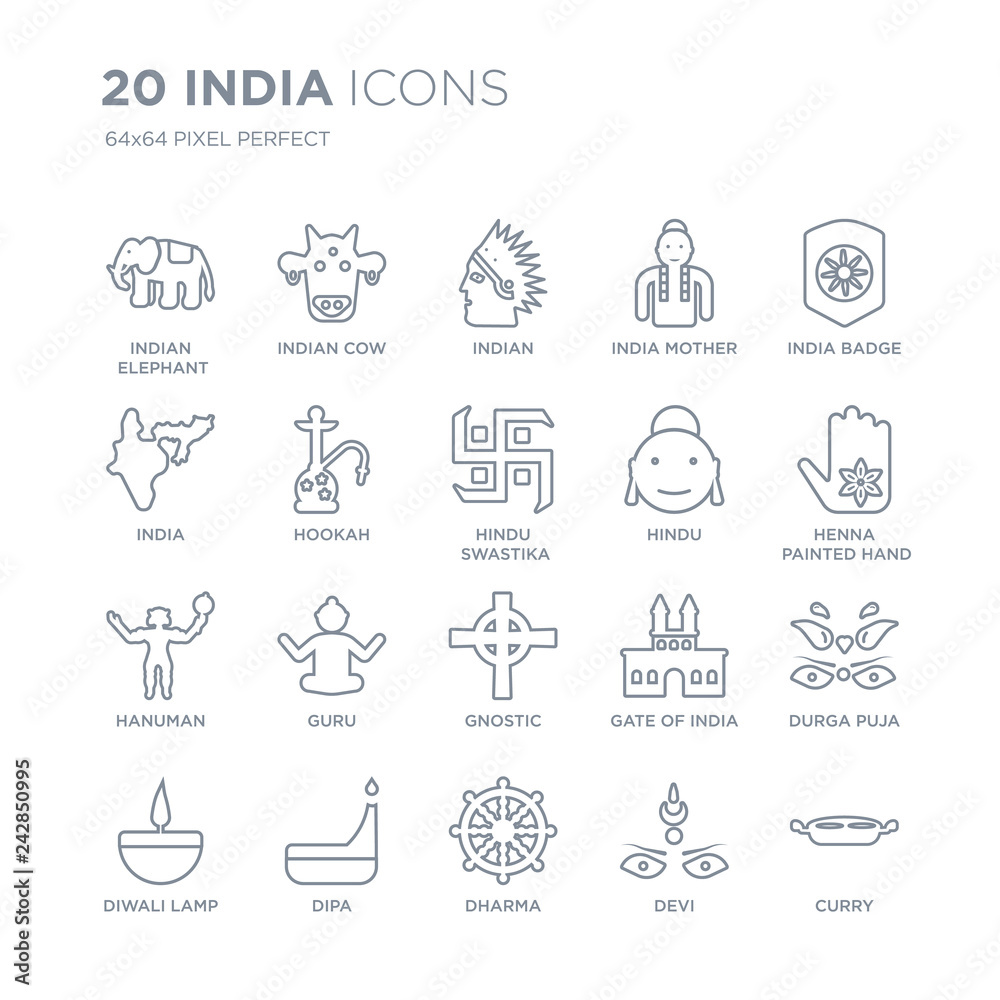 Collection of 20 india linear icons such as indian Elephant, Cow, Dharma, Dipa, Diwali lamp, Badge, Hindu line icons with thin line stroke, vector illustration of trendy icon set.