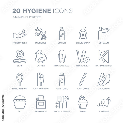 Collection of 20 Hygiene linear icons such as Moisturizer, microbes, food hygiene, Fragance, Gel, Lip balm, hygiene kit line icons with thin line stroke, vector illustration of trendy icon set.